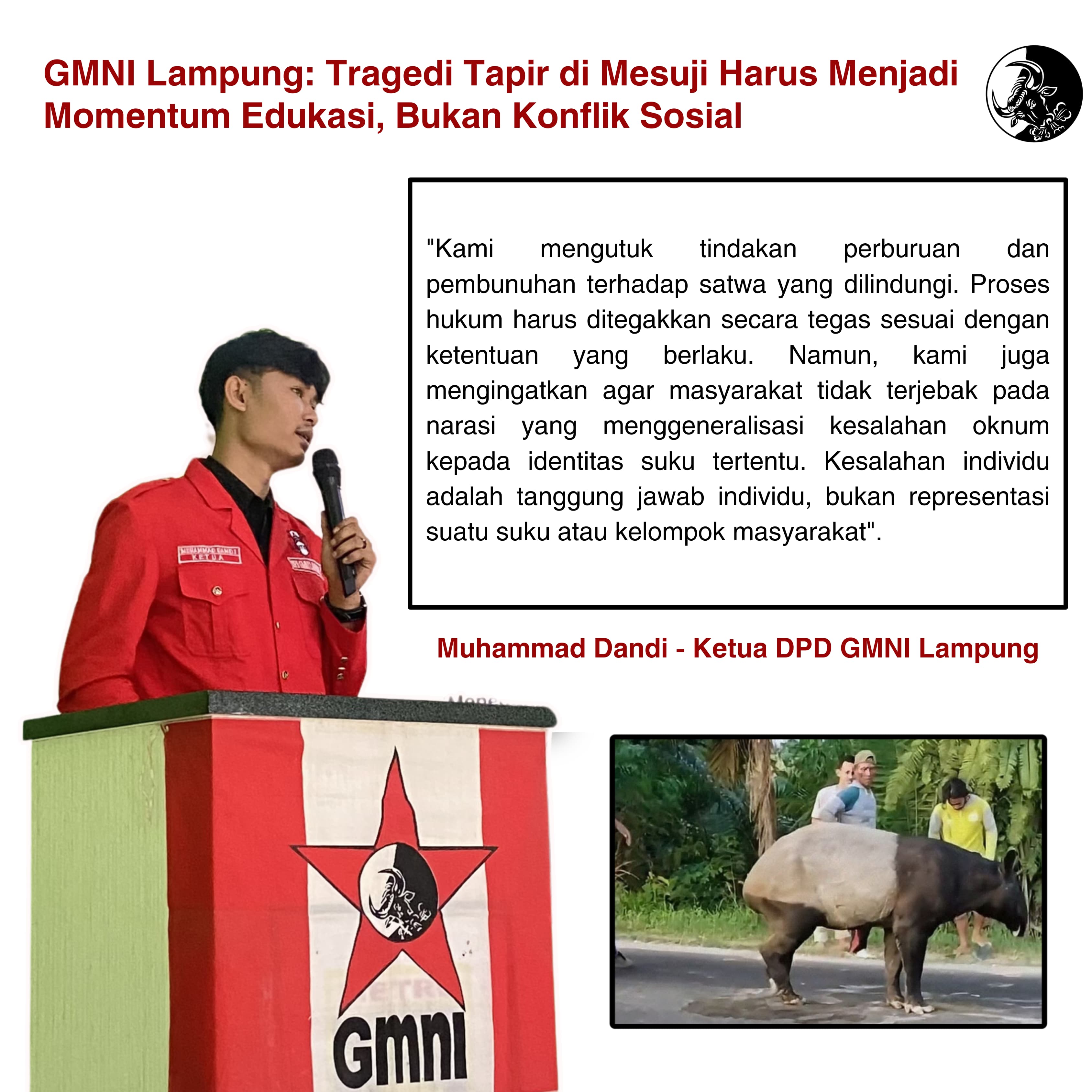 DPD GMNI Lampung Serukan : Hentikan Stigmatisasi Suku dalam Polemik Tapir di Mesuji